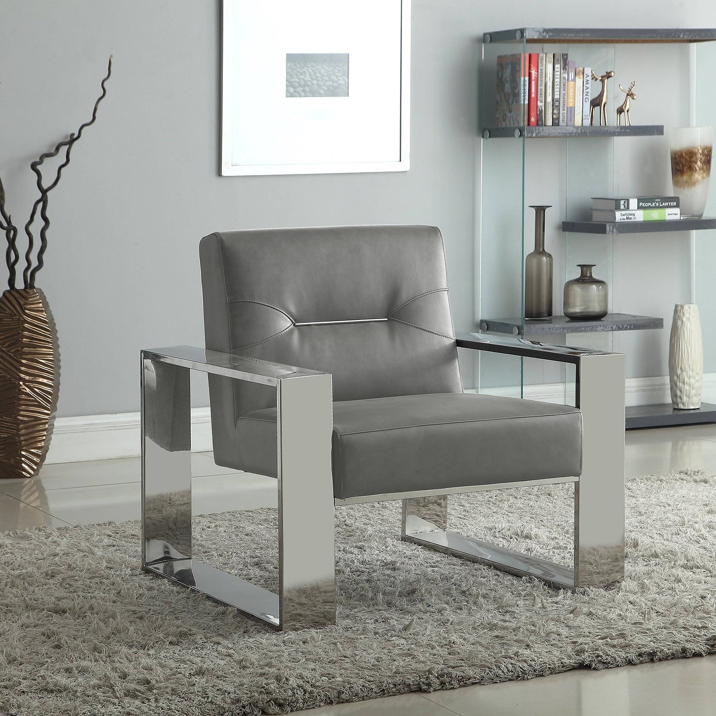 Chic Home Colton Grey Sculptural Polished Nickel Leatherette Accent Chair NIZ8_P0PLL52