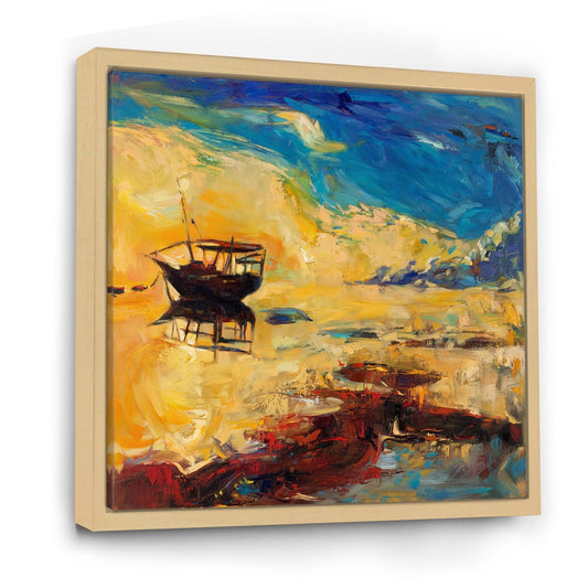 Designart &Boat at The Ocean Horizon During Sunset& Nautical Coastal Framed Canvas Wall Art Print - 16 in. Wide x 16 in. H SVV4_N0SKY81