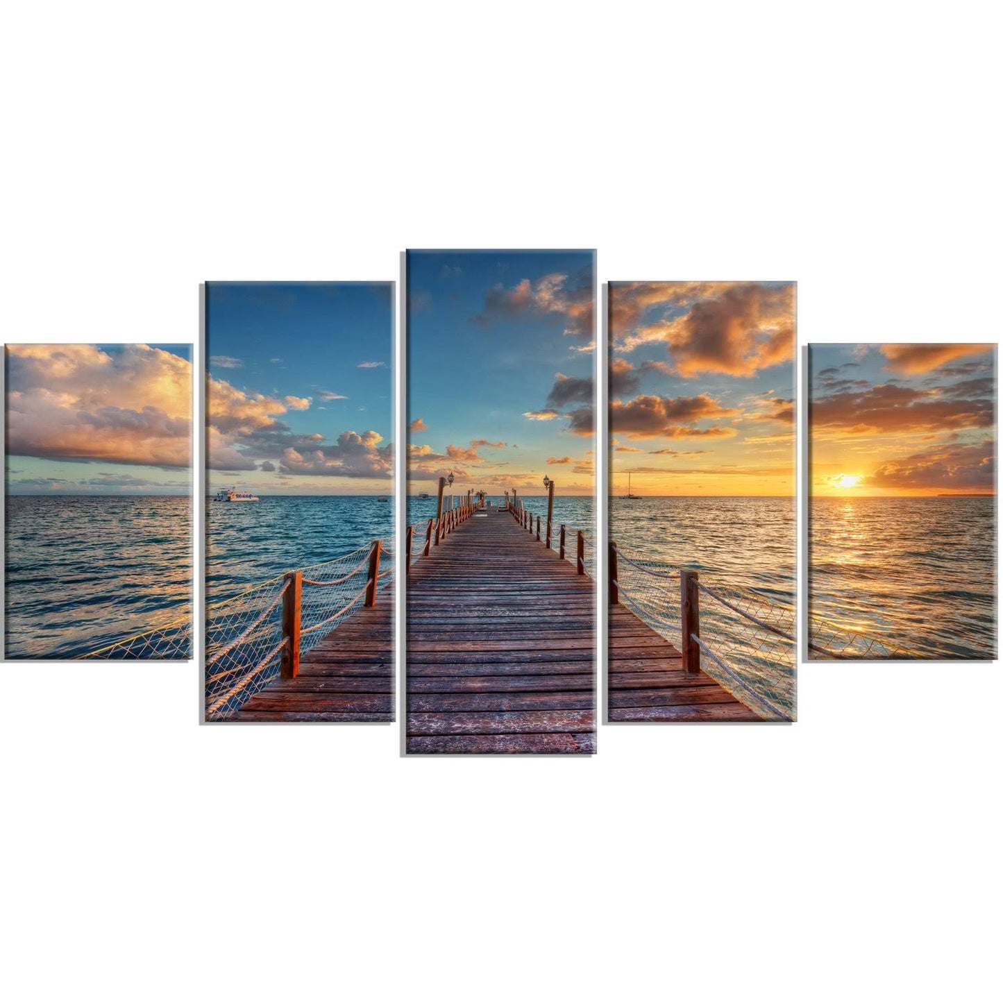 Designart Brilliant Sunrise Over Sea Pier (373) Modern Canvas Art Print - 5 Panels - 61468520018 XDO4_A1VYE41