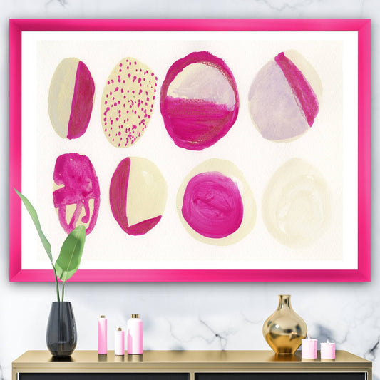 Designart Circular Composition II Mid-Century Modern Framed Art Print - 40 in. Wide x 30 in. High - Pink SJG9_X5QIP14