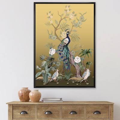 Chinoiserie with Birds and Peonies VI - Painting on Canvas East Urban Home Format: Black Floater Frame, Size: 20x22 H x 12x22 W  ZME3_R1ZOX84