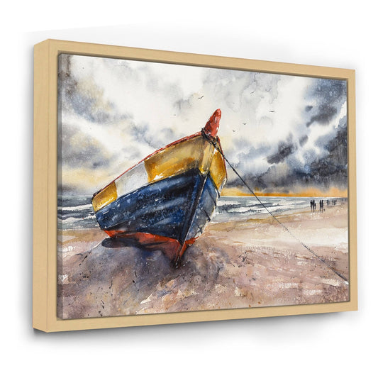 Designart &Wooden Boat on The Baltic Shores& Nautical Coastal Framed Canvas Wall Art Print - 32 in. Wide x 16 in. High - M MDB9_J2RLS62