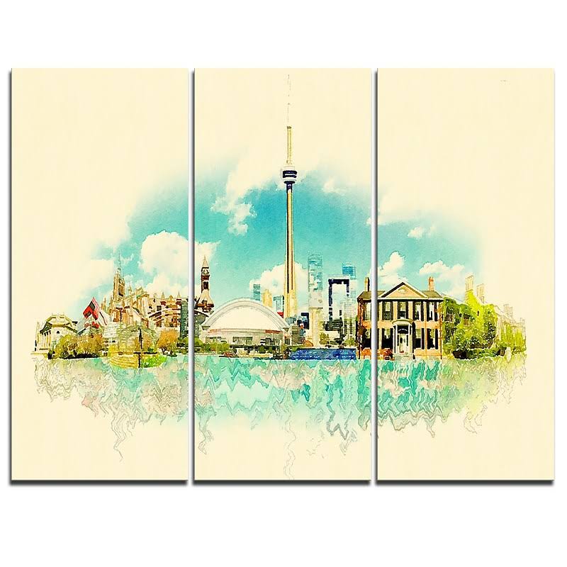 Designart Toronto City Watercolor - 3 Piece Graphic Art on Wrapped Canvas Set XOG8_W9EPX72