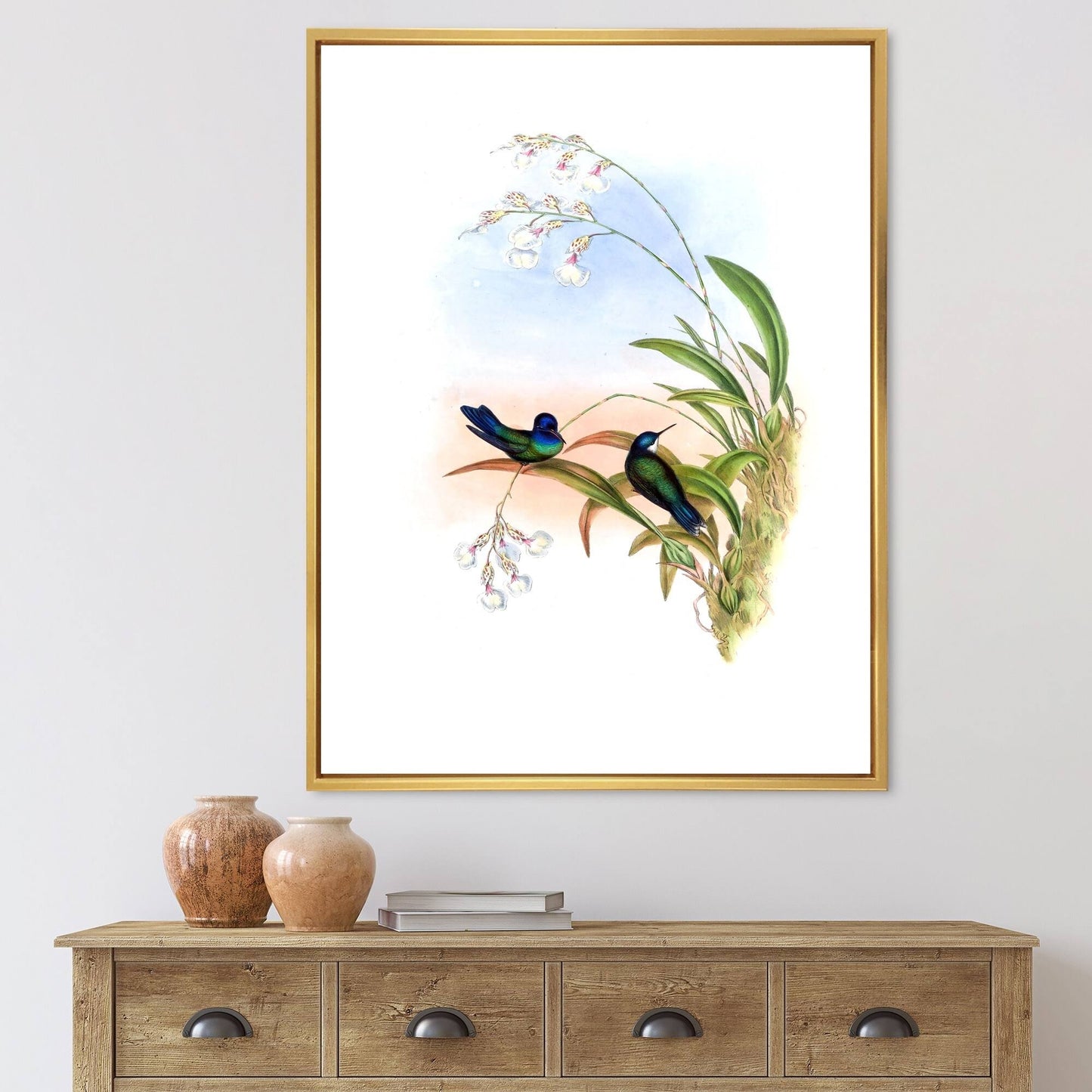 Designart Vintage Hummingbird III Traditional Framed Canvas Wall Art Print - 16 in. Wide x 32 in. High - Gold CNV6_T0KEO17