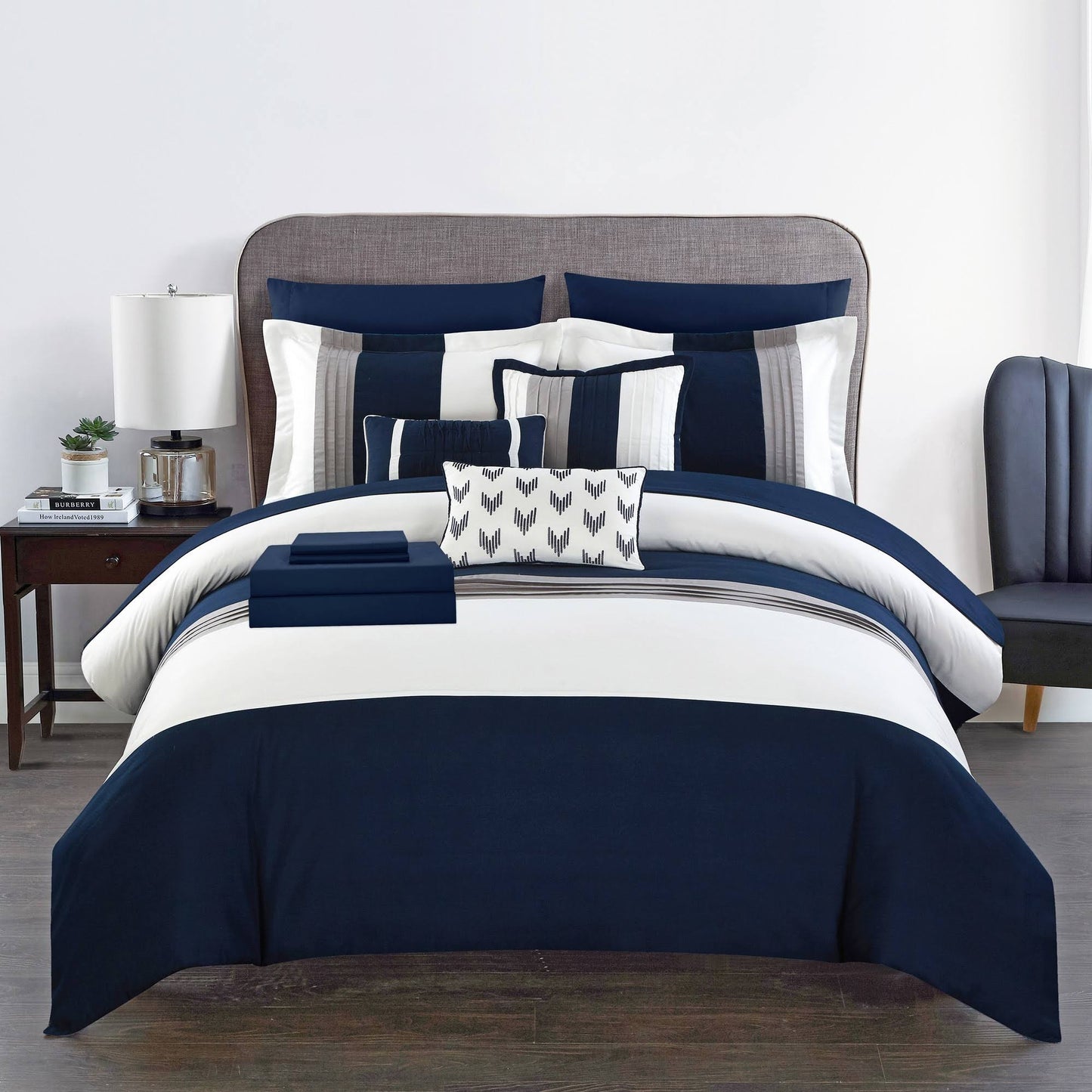 Chic Home Moriarty Elegant Color Block Ruffled Decorative Pillows Shams - Navy, King TUS2_D4YBM74