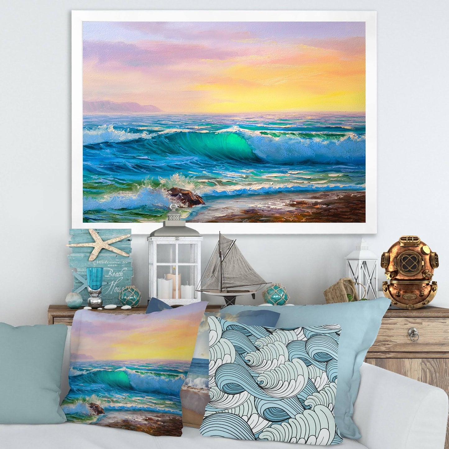 Designart &Blue Waves Breaking at The Beach IV& Nautical Coastal Framed Art Print - 40 in. Wide x 30 in. High - White ILT5_B2QID24