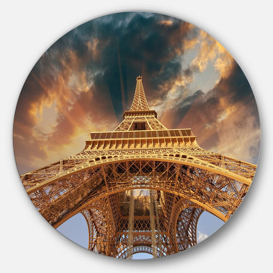 Designart Paris Eiffel Tower in Paris with Sunset Colors Cityscape Large Disc Metal Wall Art - 29 x 29 - Disc of 29 inch JLU2_E1RTX99