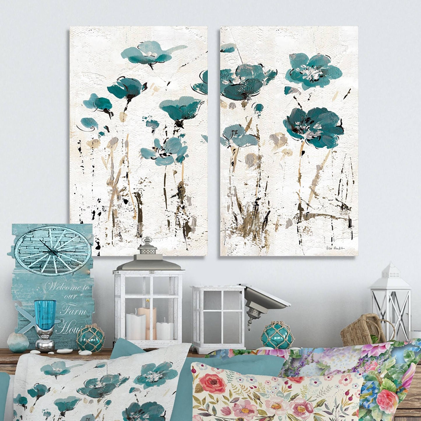 Designart &Fields of Turquoise Watercolor Flower I& Traditional Canvas Wall Art Print 2 Piece Set - 12x22 W x 20x22 H x 1x22 D x BZM7_D5DYX62