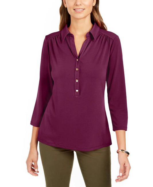 Charter Club Womens Burgundy 3/4 Sleeve Collared Blouse Size: L IHY2_C9LNV30