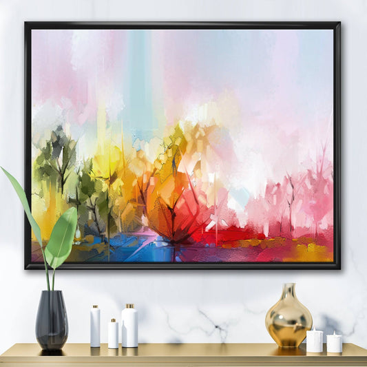 Designart &Abstract Tree in Colorful Meadow& Modern Contemporary Framed Canvas Wall Art Print - 20 in. Wide x 12 in. High  DVB1_F5ETV03